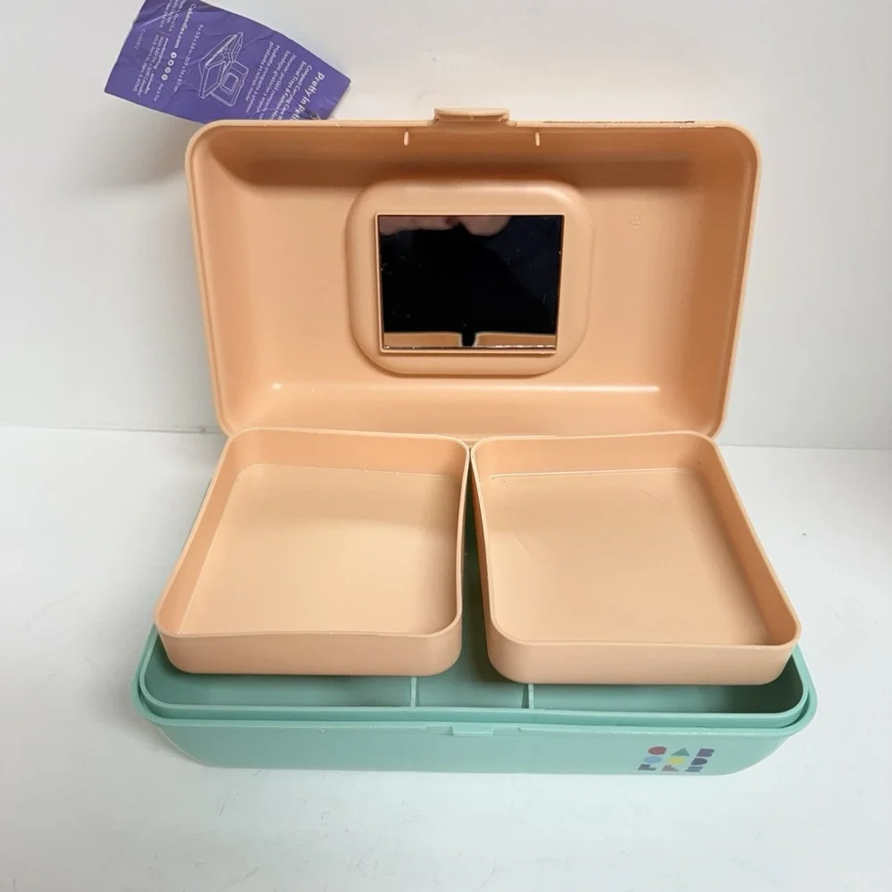 Caboodles Pretty in Petite Makeup Case Peach Teal Caddy With Mirror Retro 2 Tier